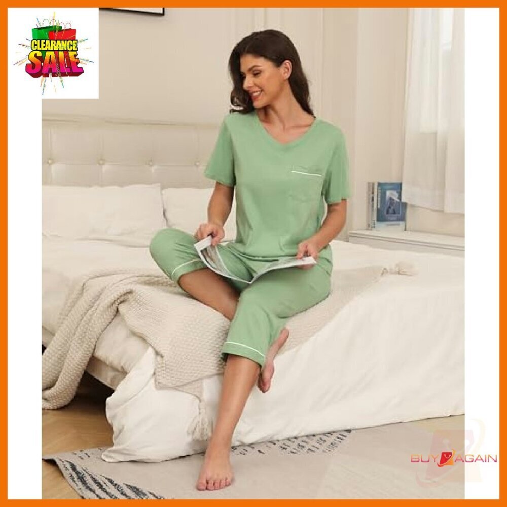 Women's 100% Cotton Capri Pajama Set Short Sleeve Top & Pants - Picture 6 of 7